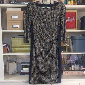 Lauren By Ralph Lauren Navy and Gold Three Quarter Sleeve Slimming Dress